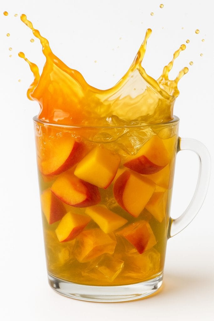 Close-up of mango and peach blend splashing into green tea