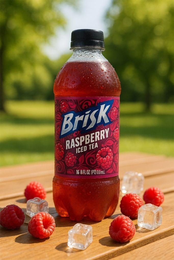 Brisk Raspberry Iced Tea bottle on a summer picnic table