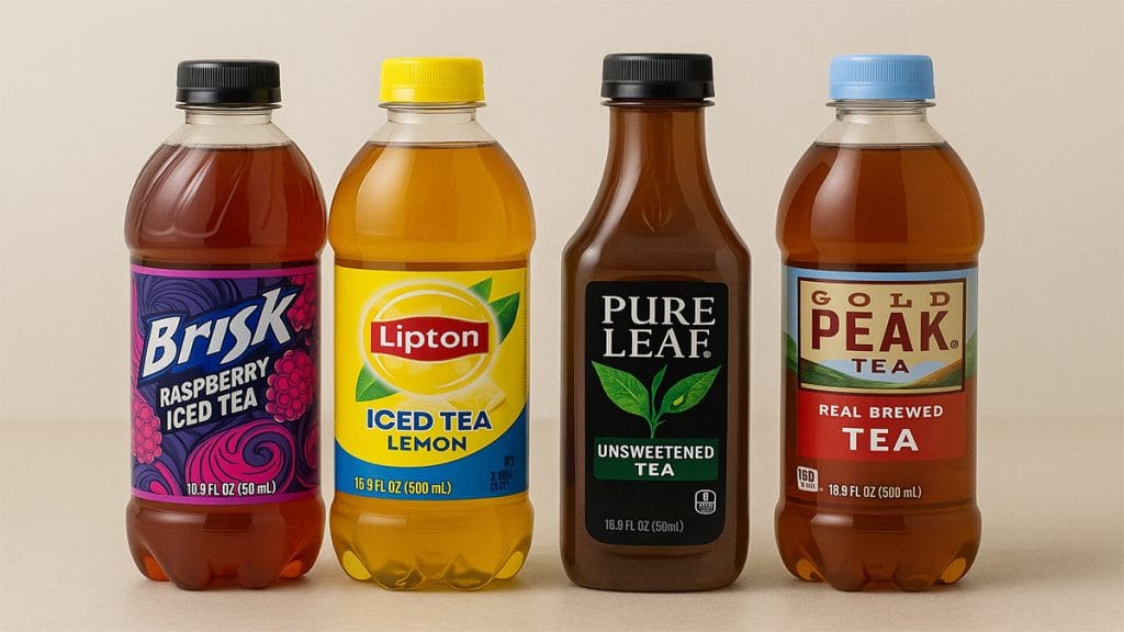 Brisk Raspberry Iced Tea beside other iced tea brands for comparison