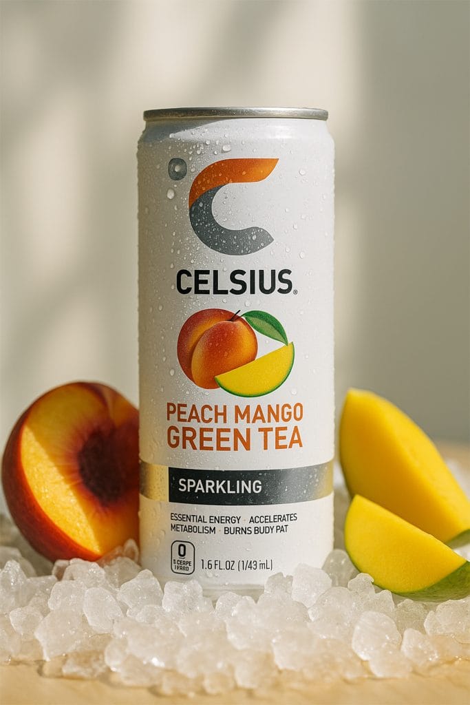 Chilled can of Celsius Peach Mango Green Tea with peach and mango slices on ice