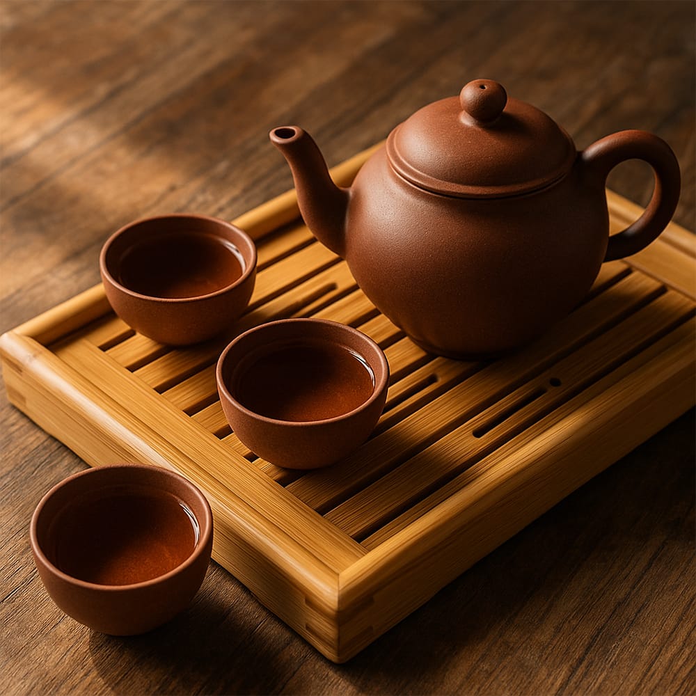 Traditional Chinese tea pot with tea cups and tray