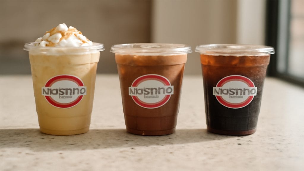 Scooters cold brew drinks in clear plastic cups with condensation