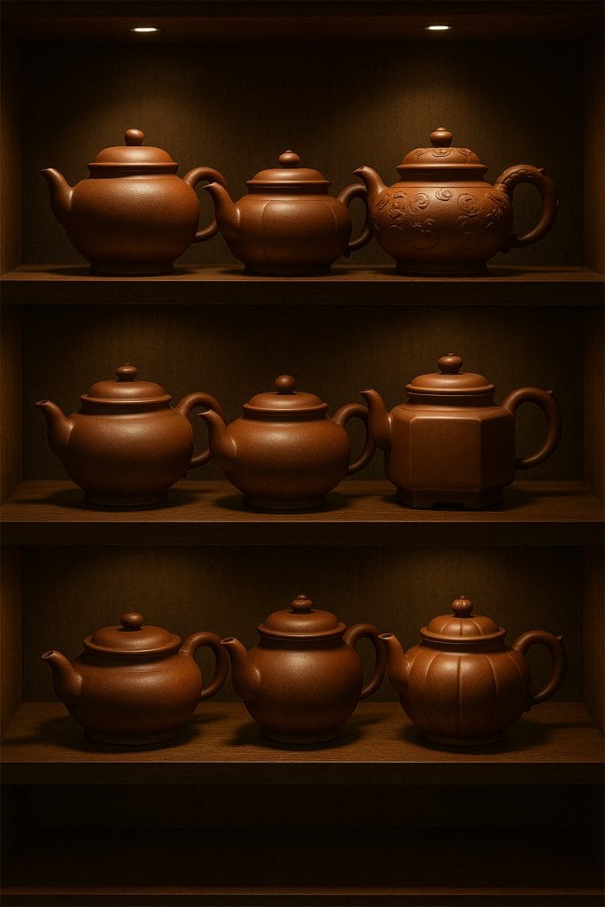 Display of antique Yixing clay teapots for collectors