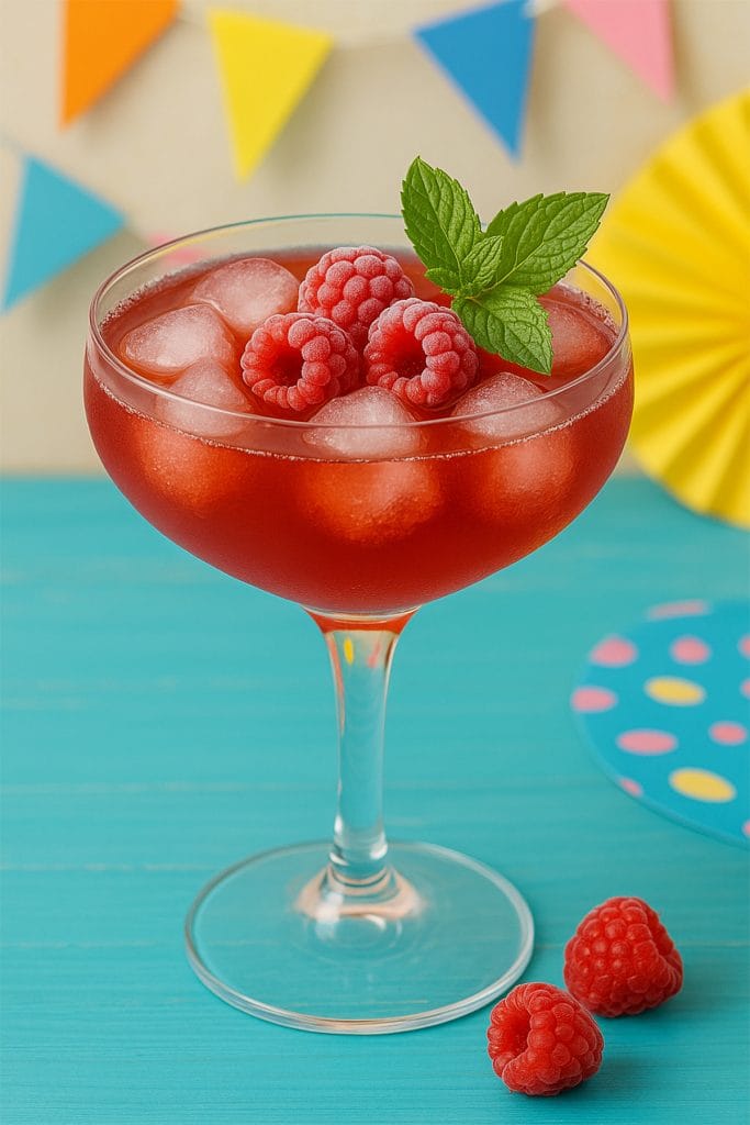 Raspberry iced tea mocktail served in a fancy glass with mint