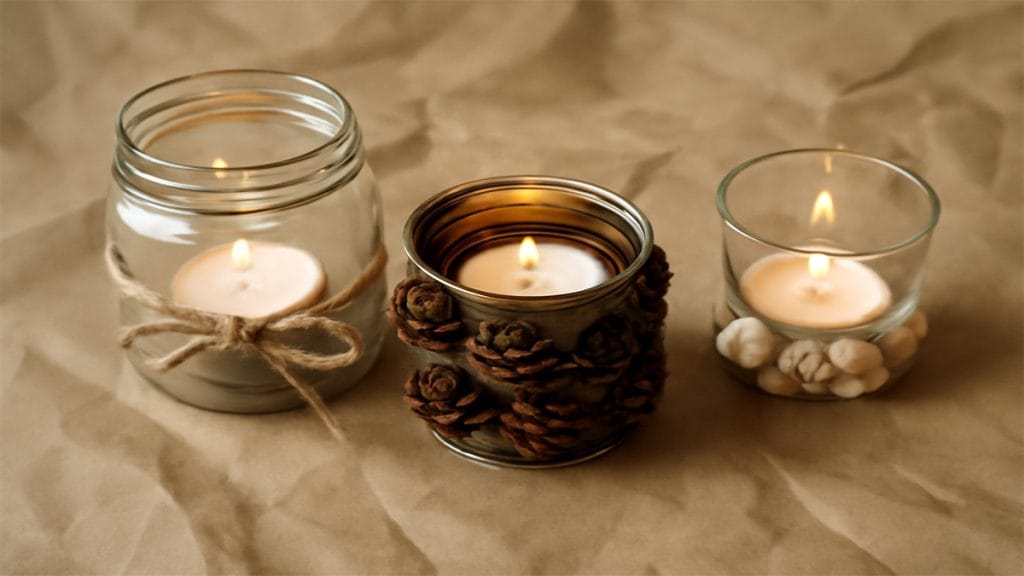 Outdoor setup with hanging tea light candle holders at dusk