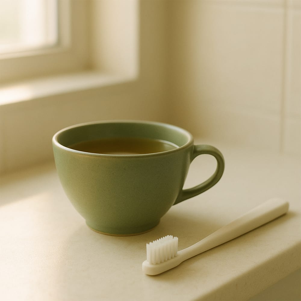 Cup of green tea placed beside a toothbrush, highlighting teeth care concerns
