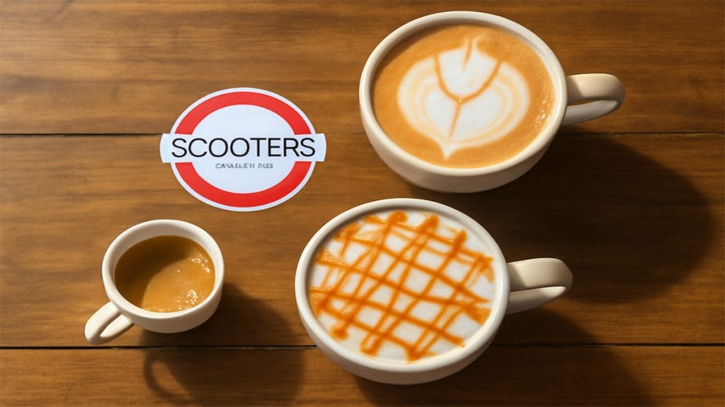 Close-up of espresso, latte, and cappuccino on a wooden counter