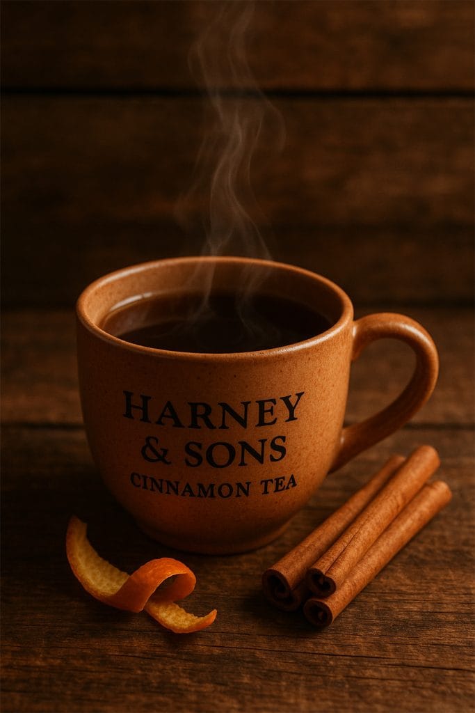 Harney And Sons Cinnamon Tea in a ceramic cup beside cinnamon sticks