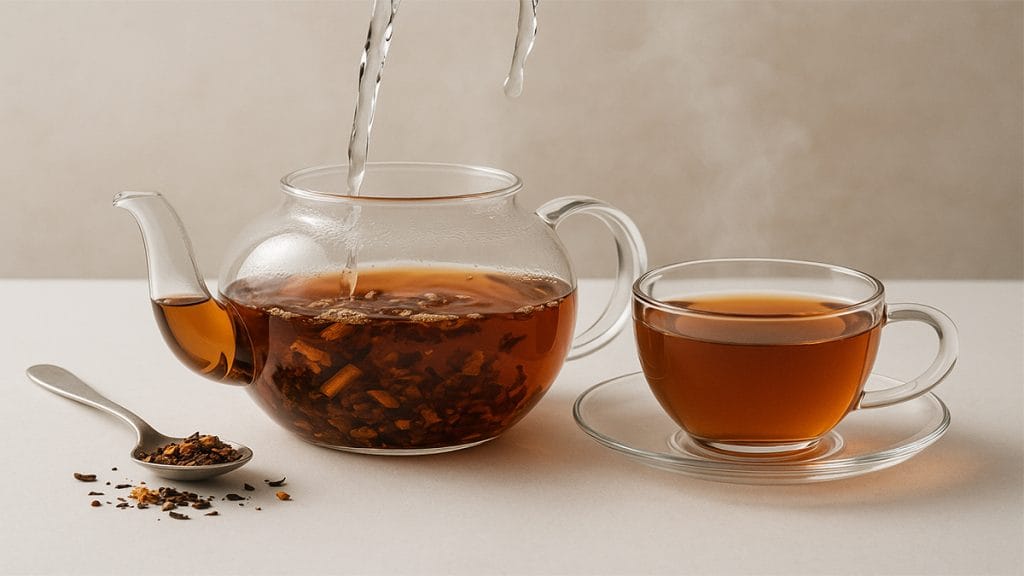 Step-by-step brewing of Harney And Sons Cinnamon Tea in a glass teapot