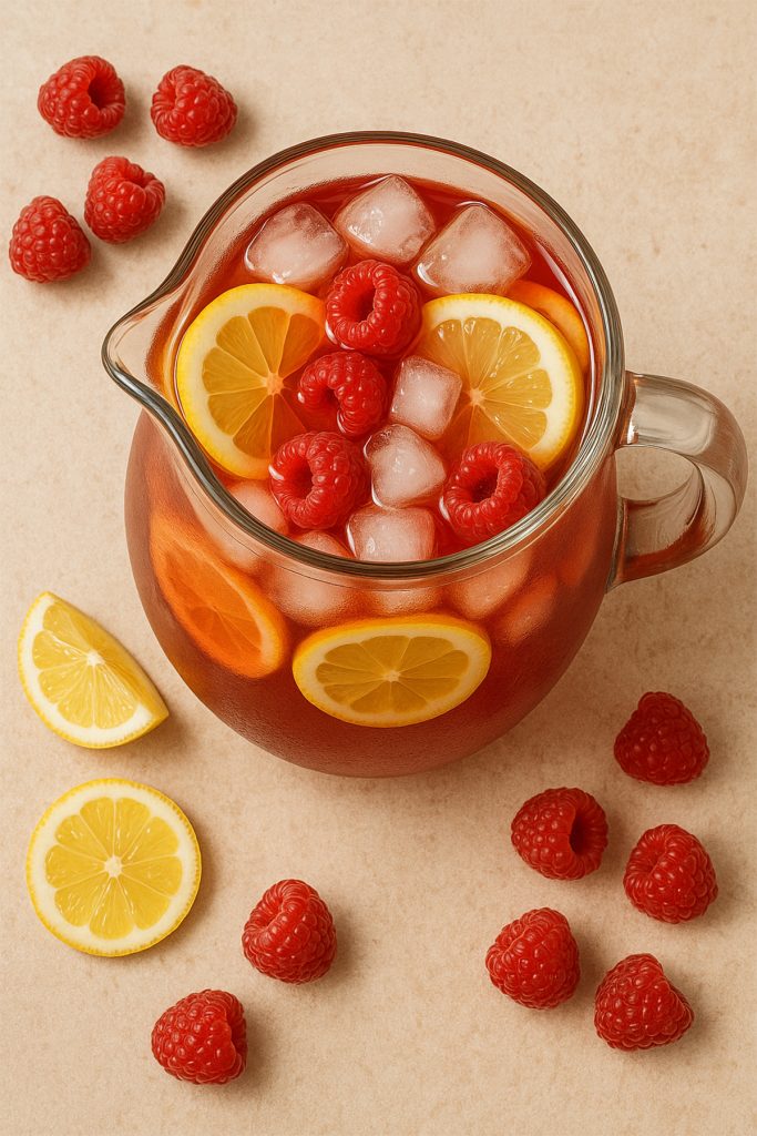 Homemade raspberry iced tea with lemons and ice in a pitcher