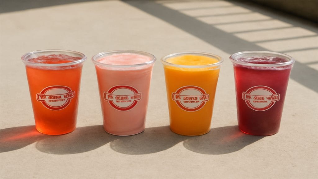 Iced teas and smoothies from Scooters Coffee on outdoor table