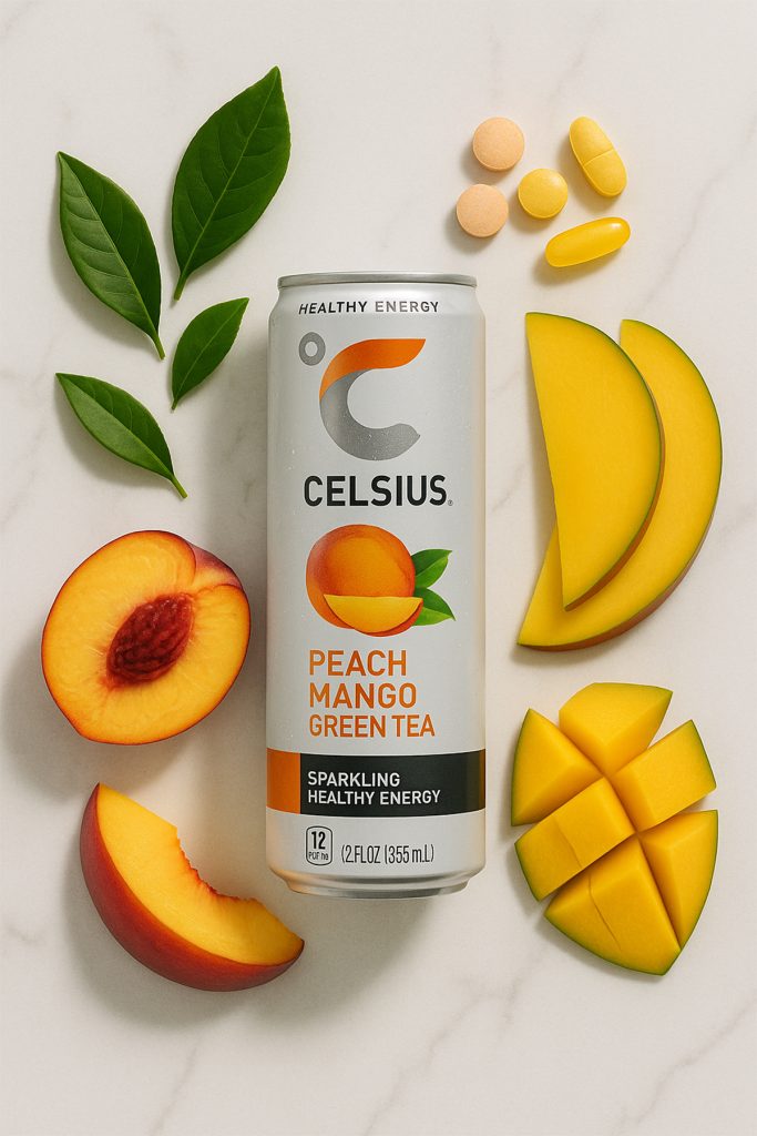 Flat lay of Celsius Peach Mango Green Tea ingredients: green tea leaves, vitamin pills, mango, peach