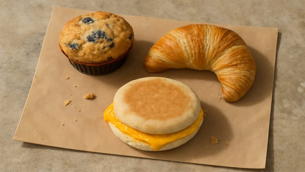 Scooters muffins, croissants, and breakfast sandwiches on kraft paper
