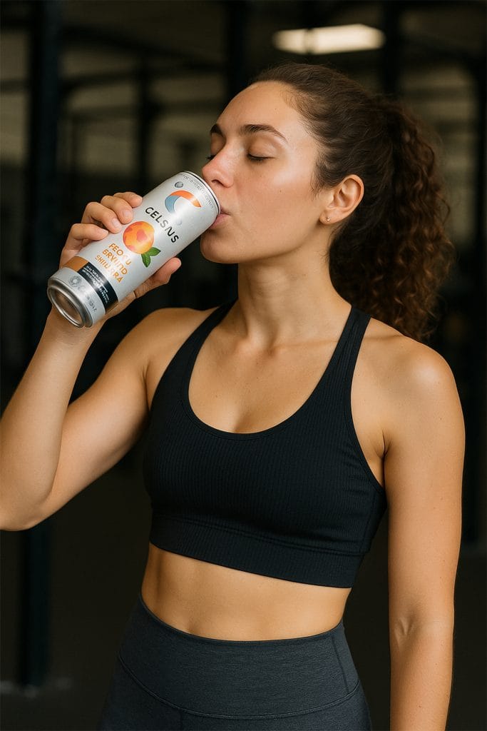 Person drinking Celsius Peach Mango Green Tea before workout