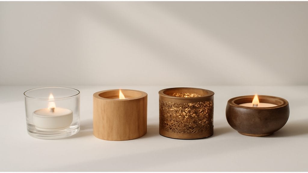 Different types of tea light candle holders: glass, wood, metal, ceramic