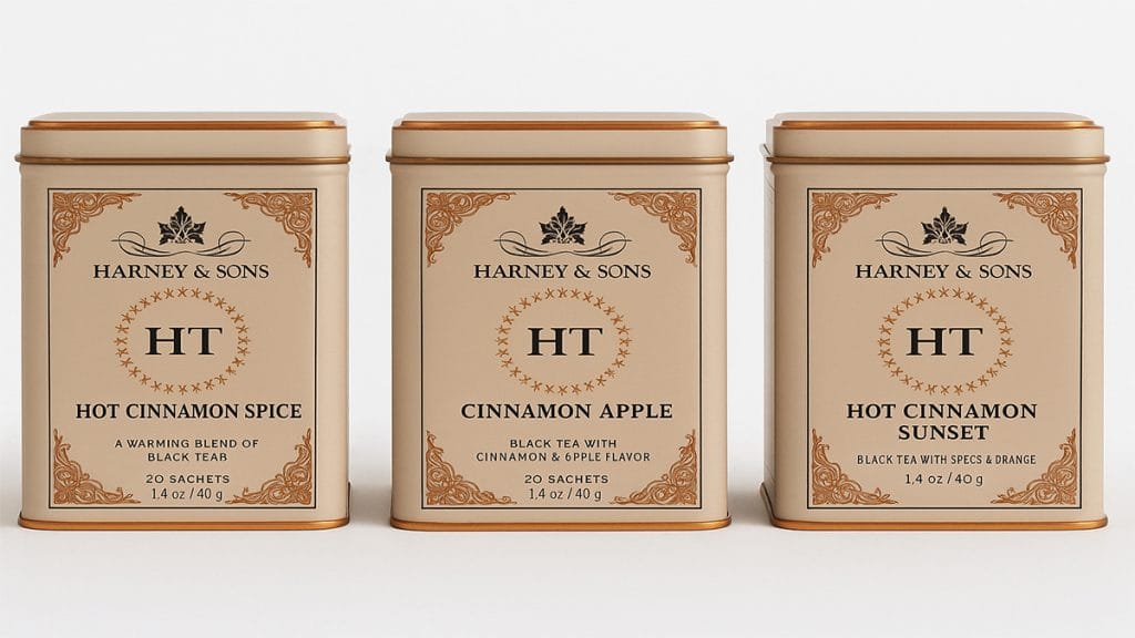 Different varieties of Harney And Sons Cinnamon Tea lined up in tins