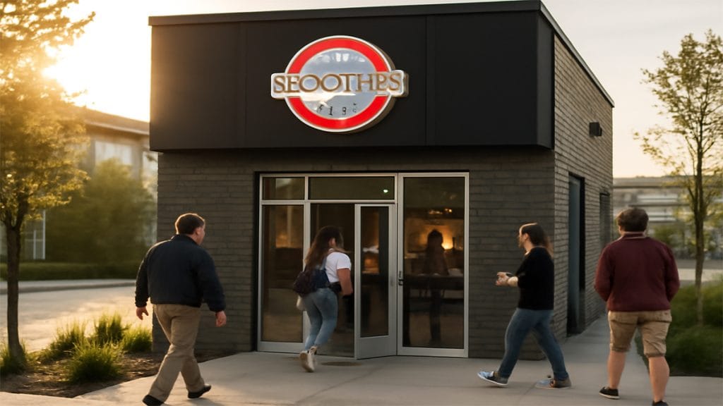 Scooters Coffee storefront with people walking in, morning light