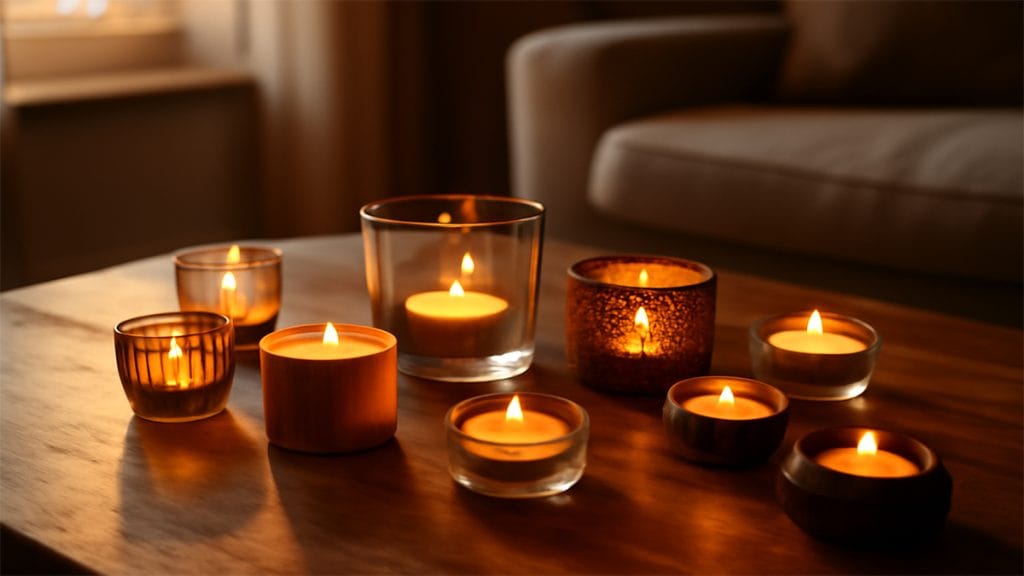 Tea light candle holders in a cozy living room setup