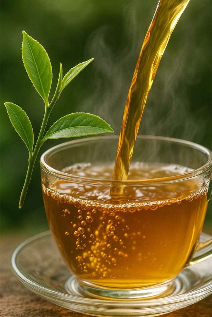 Green tea leaves and pouring tea highlighting antioxidant benefits