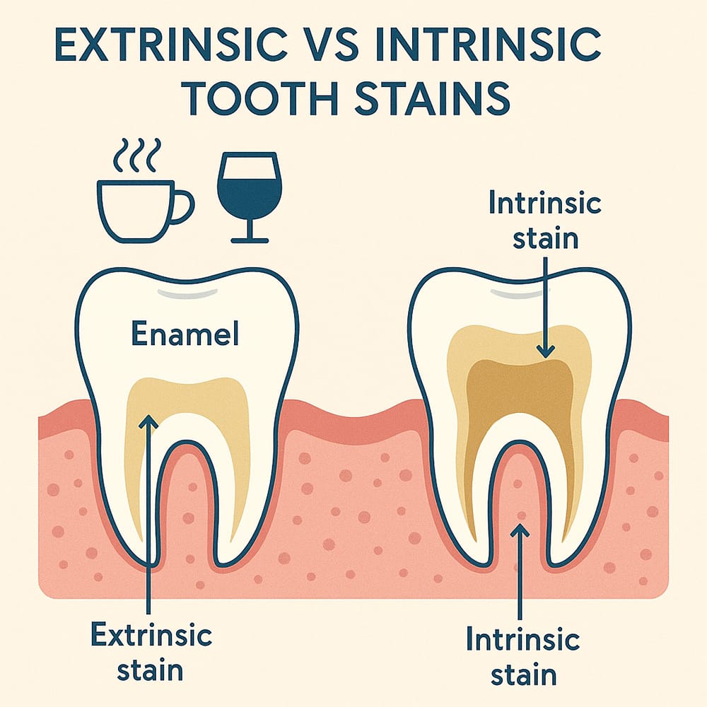Diagram showing extrinsic vs intrinsic tooth stains with causes