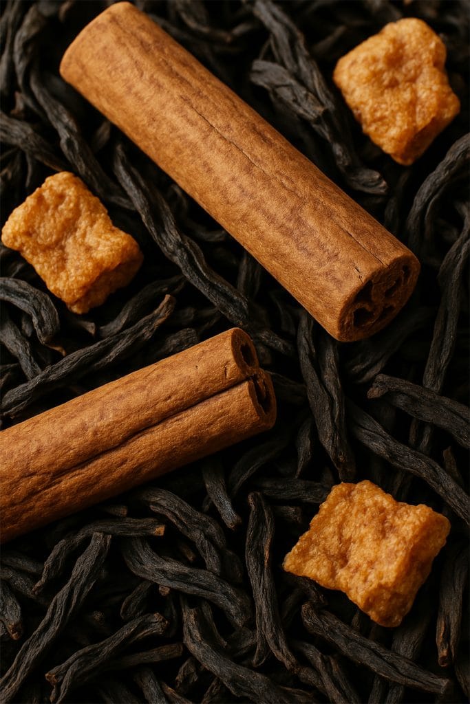 Close-up of high-quality cinnamon sticks and tea leaves used by Harney and Sons