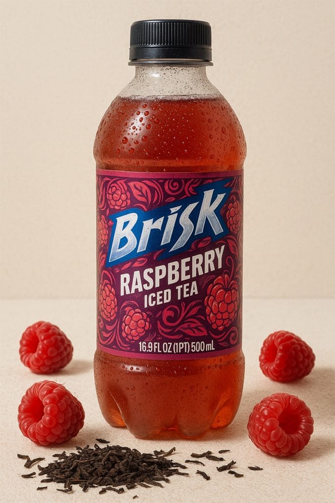 Close-up of Brisk Raspberry Iced Tea with raspberry fruits and tea leaves