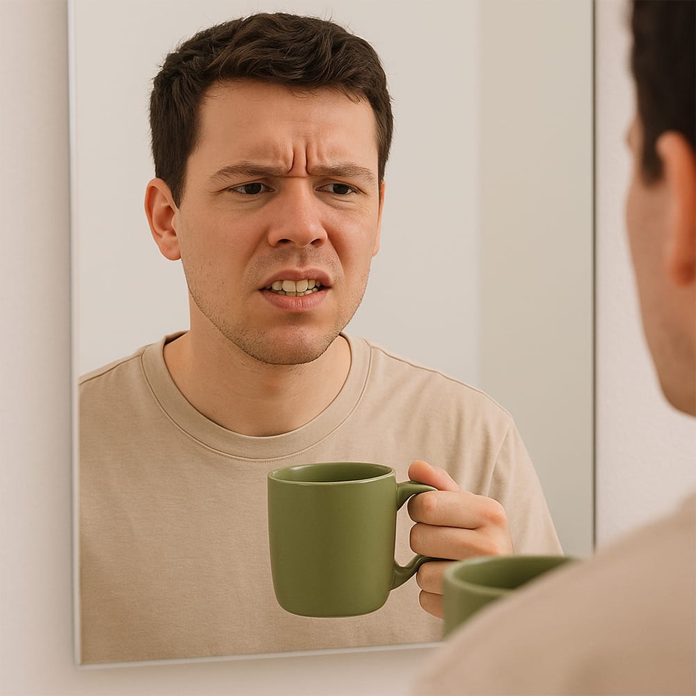 A confused person holding a cup of green tea and looking at a mirror with yellowish teeth reflection
