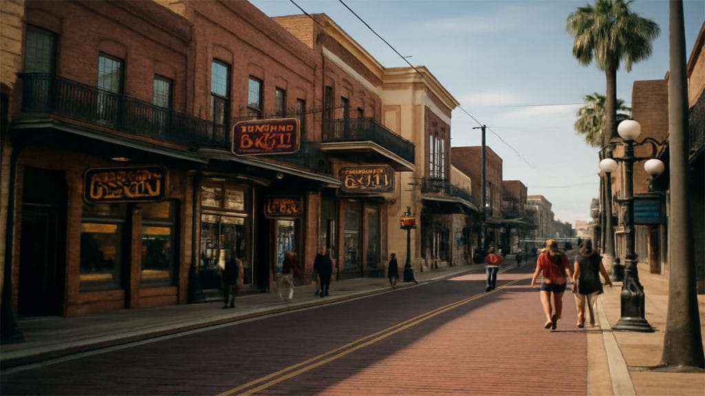 Historic street view of Ybor City with colorful buildings and brick roads