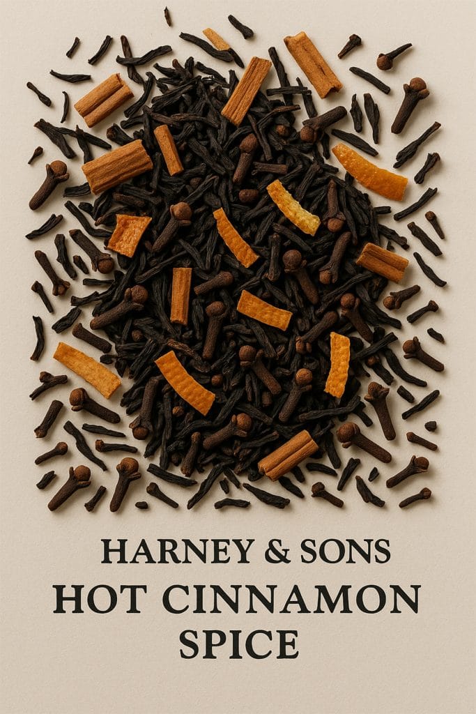 Loose leaf Harney And Sons Hot Cinnamon Spice Tea with ingredients visible