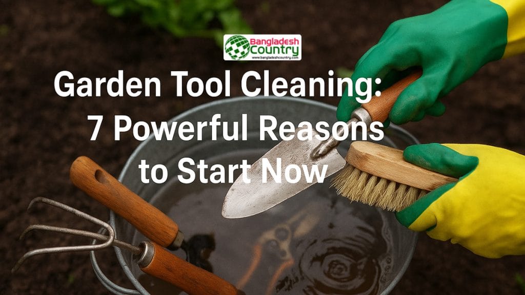 Backyard garden workspace with a modern garden tool cleaning station featuring hanging tools, storage bins, and a rinsing area under natural light