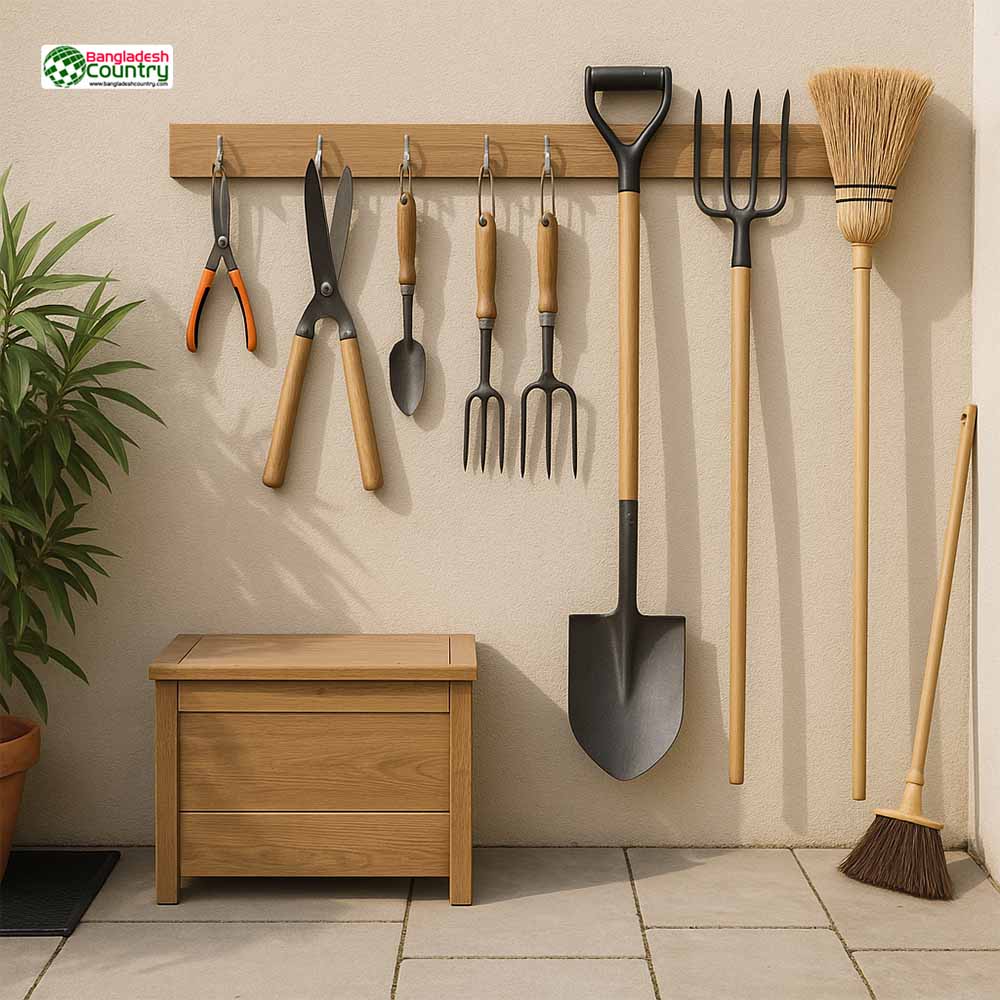 Outdoor garden tool cleaning station with neatly stored shovels, pruners, and brushes on a wooden wall rack