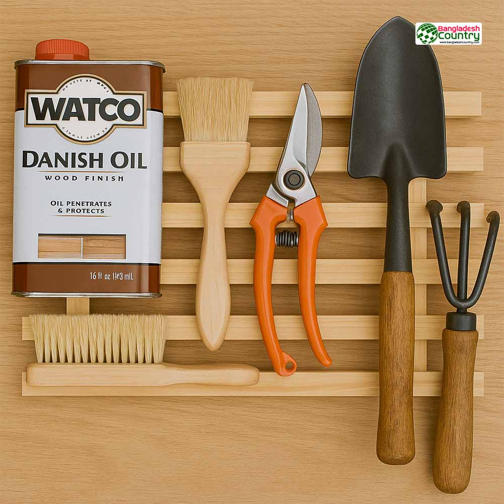 Clean and organized garden tool station with drying racks, wire brushes, and oil bottles arranged on shelves