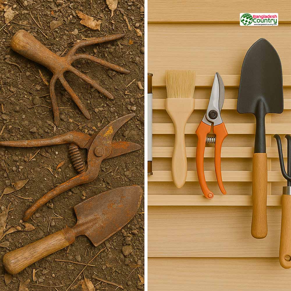 Comparison image showing rusty garden tools in cluttered space vs. clean tools in a tidy garden cleaning area