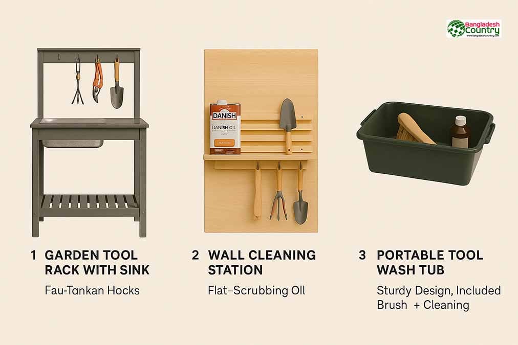 Top 3 garden tool cleaning stations displayed with features like weatherproof shelves and compact storage