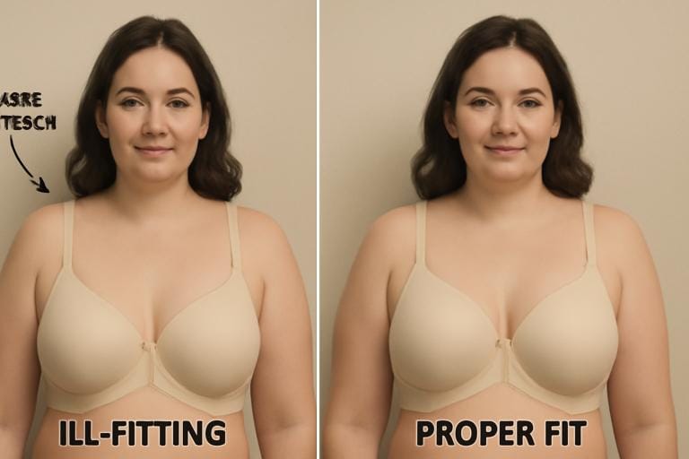 Side-by-side comparison of an ill-fitting E cup bra with straps digging in versus a properly fitted one.