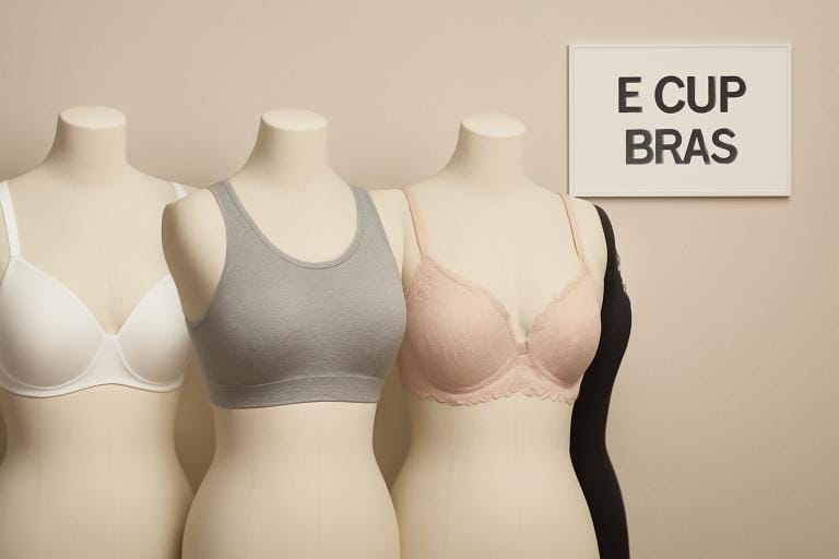 A selection of different E cup bras displayed on a mannequin, including full coverage, sports bras, and plunge bras.