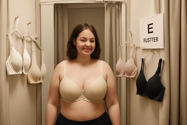A woman trying on different bras in a lingerie fitting room, focusing on E cup size options.