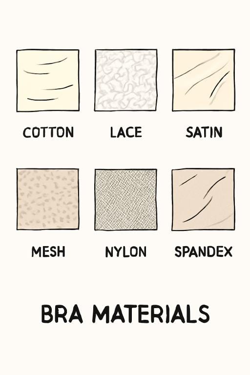 An image of different bra materials like Cotton, Lace, Satin, Mesh, Nylon, and Spandex, showing the textures and how they affect comfort and fit.