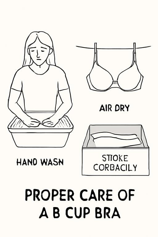 An image illustrating the proper care of a B cup bra, showing a woman hand washing her bra, air drying it, and storing it correctly.