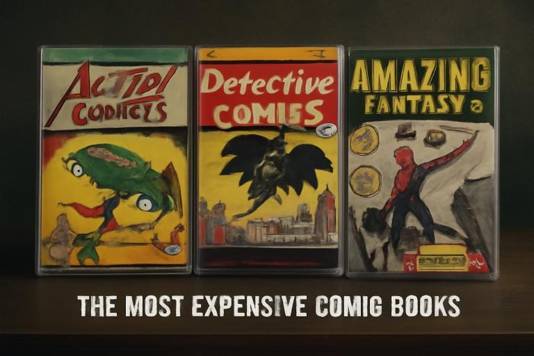 Various comic book covers featuring popular characters such as Superman, Batman, and Spider-Man, highlighting their collectible significance. 