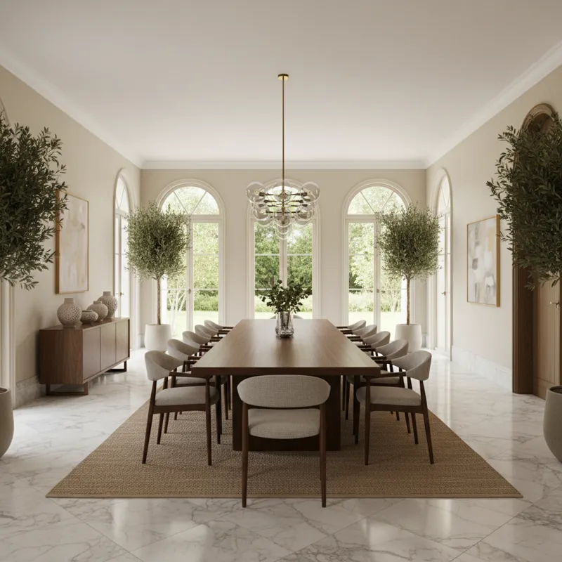 A large, open dining room with a rectangular 10 person dining table, showing ample clearance around it for chairs and movement.