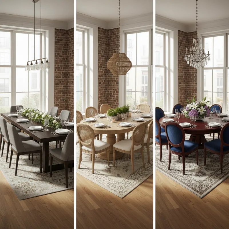 A comparison image showing a rectangular, oval, and round dining table, each set for 10 people, highlighting their spatial differences and aesthetics.