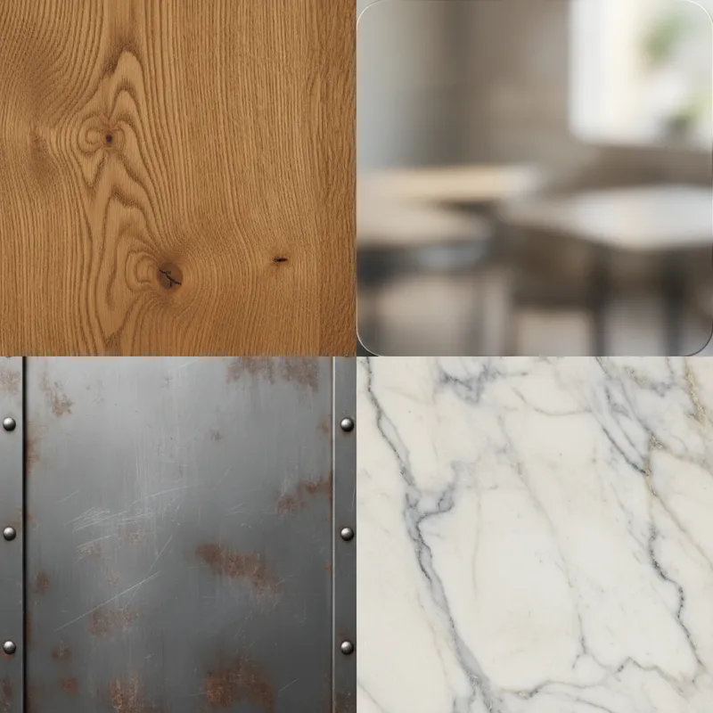 A collage showing close-ups of different dining table materials: solid wood grain, polished glass, industrial metal, and veined marble.