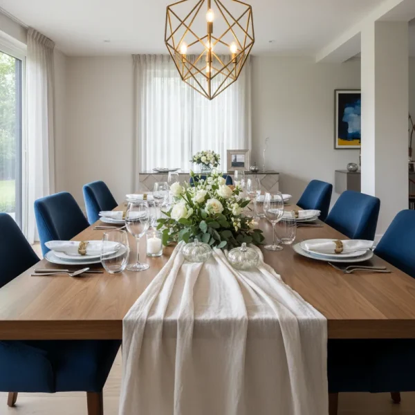 Large wooden rectangular dining table comfortably seating 10 people, set in a modern dining room ready for a meal.
