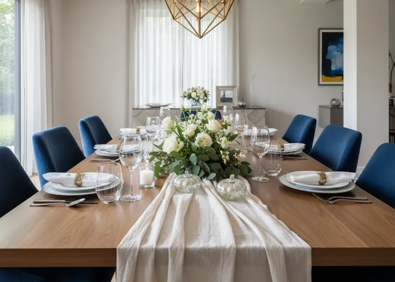 Large wooden rectangular dining table comfortably seating 10 people, set in a modern dining room ready for a meal.
