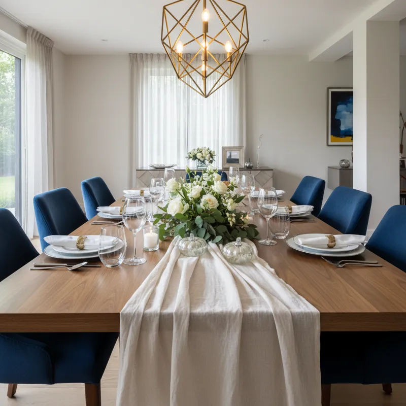 Large wooden rectangular dining table comfortably seating 10 people, set in a modern dining room ready for a meal.