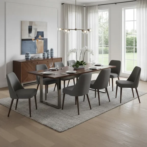 A spacious and modern 10 piece dinette set, featuring a large rectangular dining table with a wooden top and ten matching upholstered chairs, designed for family gatherings and entertaining in a contemporary dining room or kitchen.