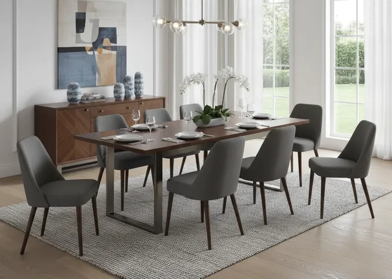 A spacious and modern 10 piece dinette set, featuring a large rectangular dining table with a wooden top and ten matching upholstered chairs, designed for family gatherings and entertaining in a contemporary dining room or kitchen.