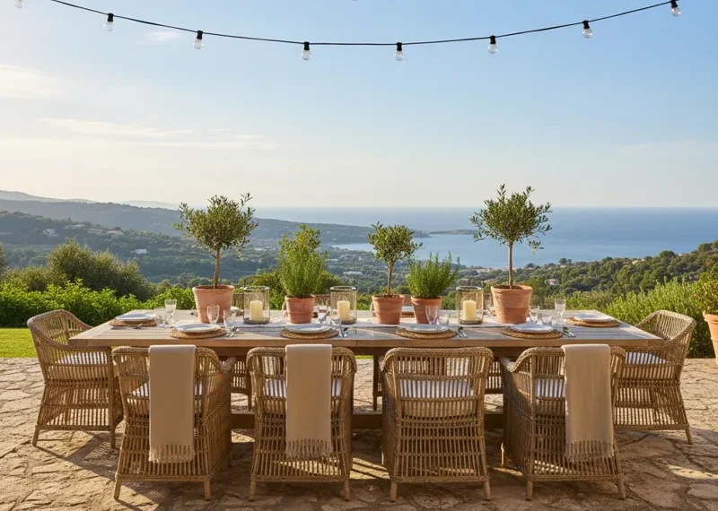 Spacious rectangular 10-seater outdoor dining table made from weather-resistant material, set on a patio with chairs, ready for large family gatherings and entertaining guests in the garden.