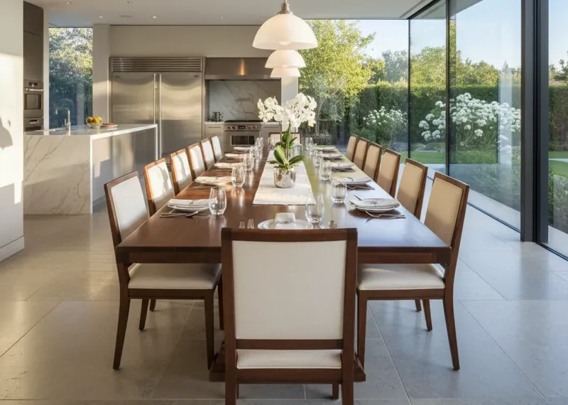 Diagram showing ideal 10 seater table dimensions for various shapes, including rectangular (e.g., 90-108 inches long, 40-48 inches wide), round (e.g., 60-72 inches diameter), and square tables, ensuring comfortable seating for ten people.